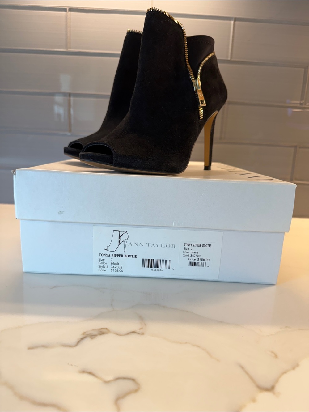 Ann Taylor Black Suede Peep-Toe Zip Ankle Booties. Size 7. Excellent condition.